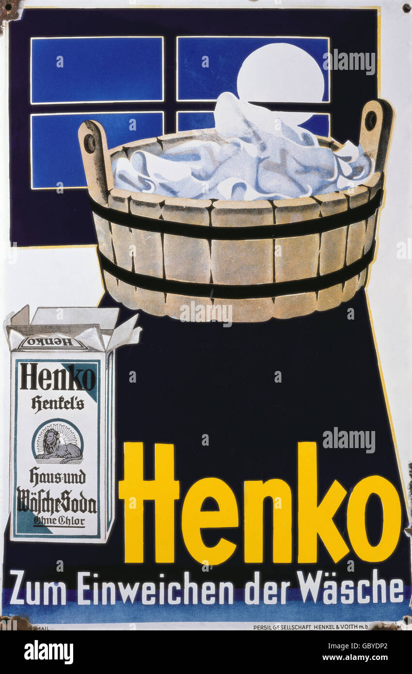 Werbung, Waschmittel, 'Henko - zum Einweichen der Wäsche', Henkel,  Emailleschild, vor 1932, 59 x 39.5 cm, Zusatz-Rechte-Clearenzen-nicht  vorhanden Stockfotografie - Alamy
