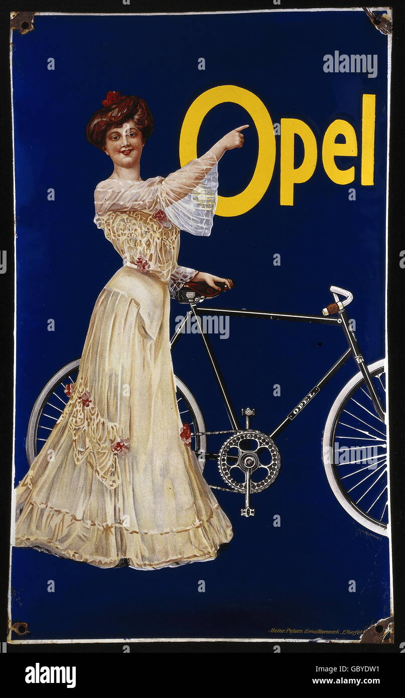Werbung, Fahrrad, Opel, Adam Opel Aktiengesellschaft, Rüsselsheim, Emailleschild, 49,5x30 cm, um 1900, Zusatzrechte-Clearences-nicht vorhanden Stockfoto