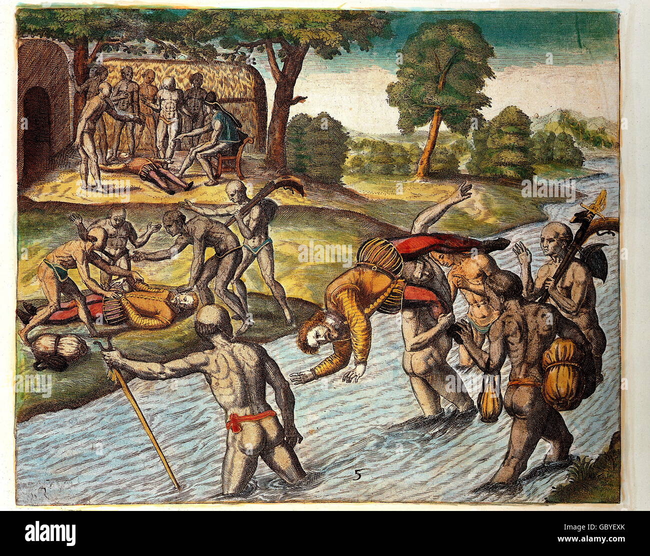 Geographie / Reisen, Amerika, spanische Eroberung, Indianer ertrinken einen Spanier, kolorierter Kupferstich zum 6. Buch von 'Reise in West- und Ostindien' von Theodor de Bry, Frankfurt/Main, 1597, Privatsammlung, Washington D.C., nach Bericht von Girolamo Benozzi, Additional-Rights-Clearences-not available Stockfoto