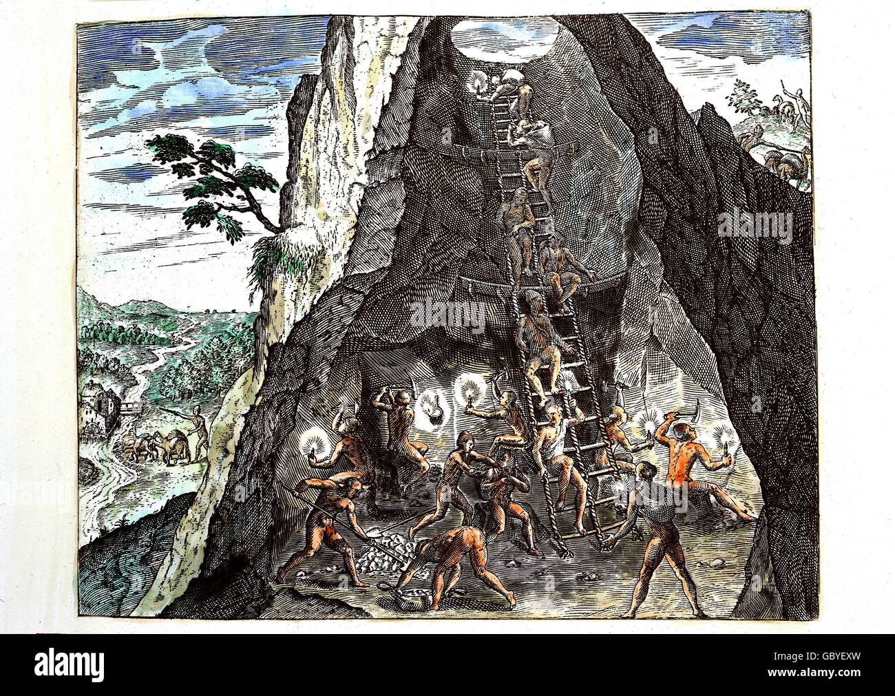 Metall, Silber, Mine in Potosi-Bergen, Bolivien, kolorierter Kupferstich zum 9. Buch von 'Reise in West- und Ostindien' von Theodor de Bry, Frankfurt/Main, 1597, Privatsammlung, Washington D.C., Zusatzrechte-Clearences-nicht vorhanden Stockfoto