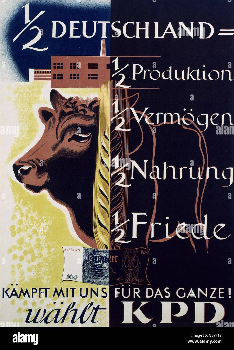 Geographie / Reisen, Deutschland, Politik, Parteien, KPD, Wahlplakat der Parlamentswahlen, 1953, Parlamentswahlen, 50er, 50er, 20. Jahrhundert, historisch, historisch, Wiedervereinigungswunsch der Kommunisten, 1956 verboten, antidemokratisch, Ideologie, Linke, Linkshänder, Zusatzrechte-Clearences-nicht vorhanden Stockfoto