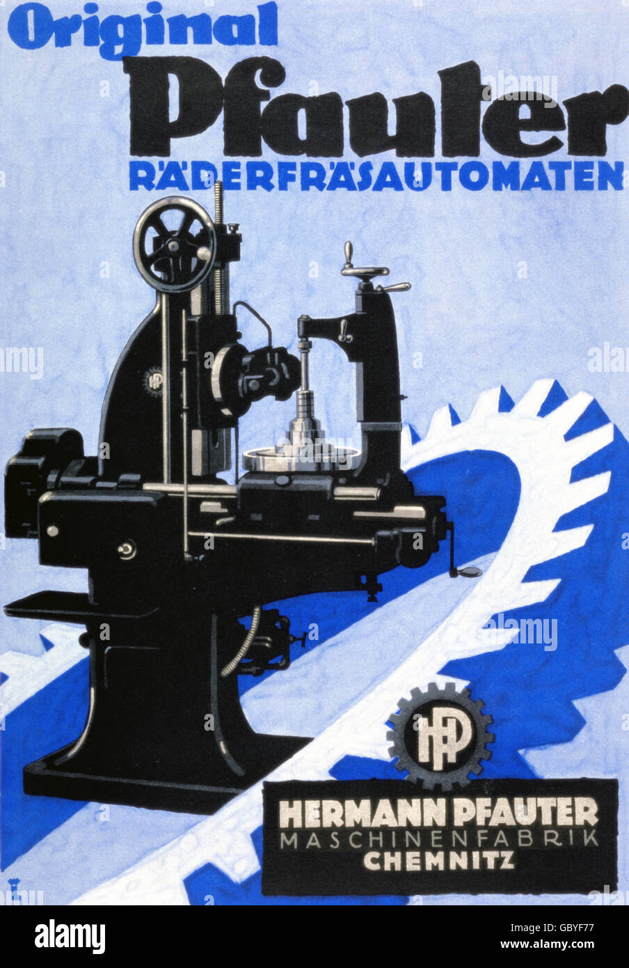 Werbung, Maschinen / Metalle / Motoren, Werbung für Fräsmaschinen, Hermann Pfauter Maschinenwerke, Entwurf Wilhelm Lehmann, Druck Meissner und Buch, Chemnitz, Deutschland, um 1910, Zusatz-Rechteklärung-nicht vorhanden Stockfoto