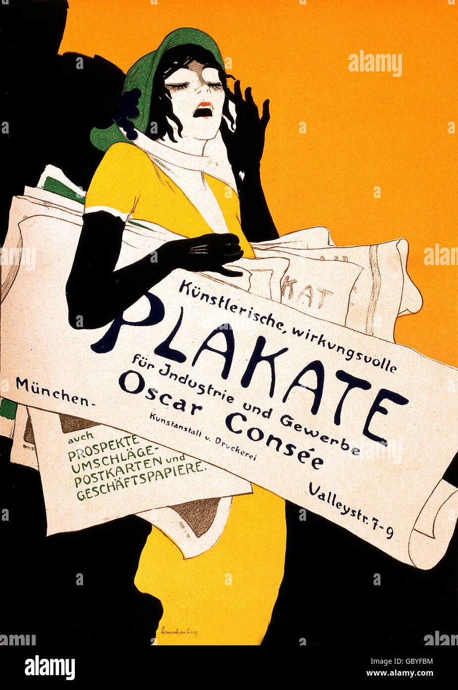 Werbung, Oscar Consee Kunstinstitution und Druckerei, Werbeplakat von Walter Schnackenberg, München, um 1910, Zusatz-Rechteklärung-nicht vorhanden Stockfoto