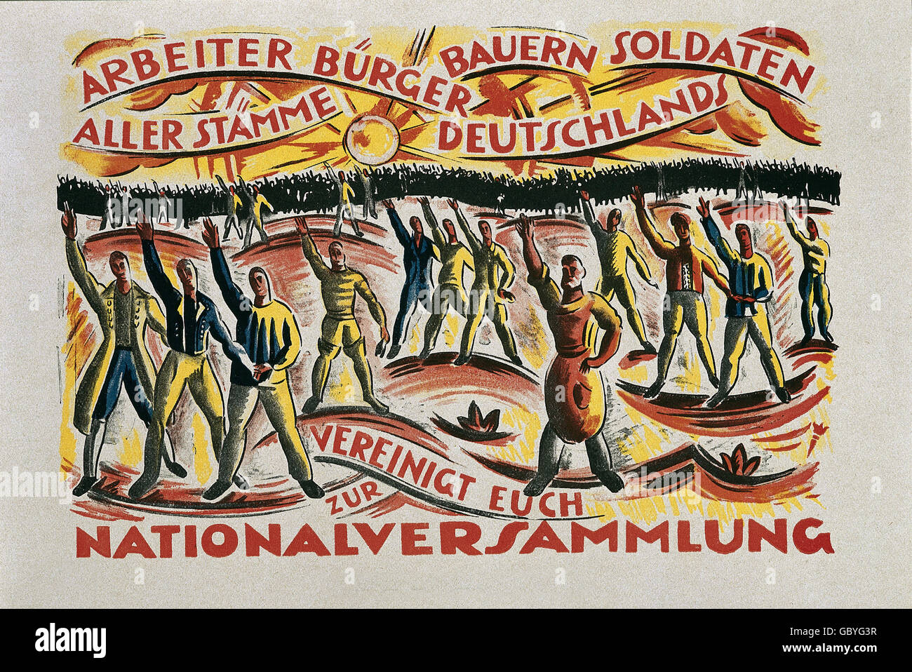 Geographie / Reisen, Deutschland, Politik, Nationalversammlung 1919, Plakat (Arbeiter, Bürger, Bauer, Soldaten aller Stämme, vereinigt euch!) Von Cesar Klein, Berlin, 1919, Additional-Rights-Clearences-not available Stockfoto