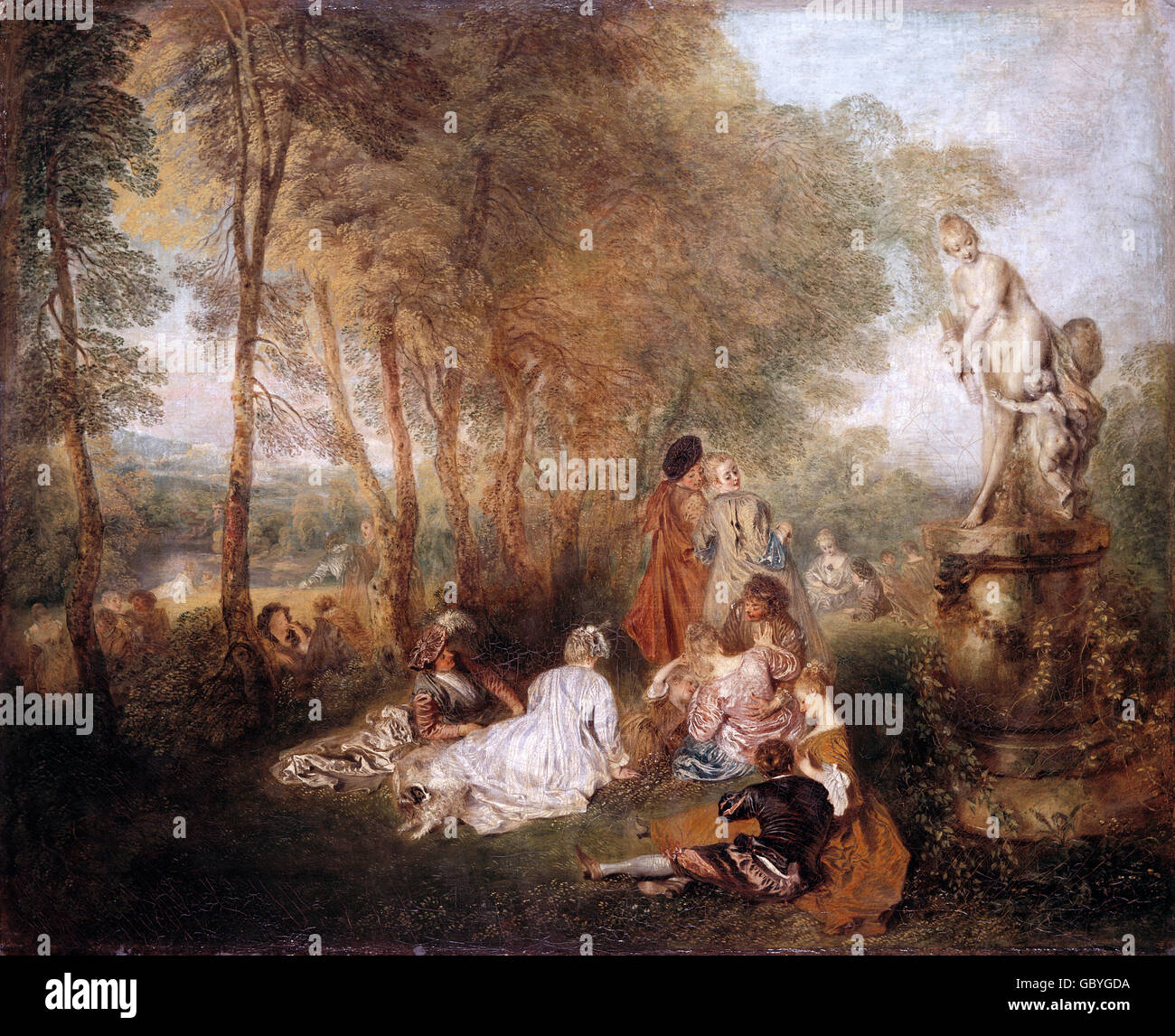 Bildende Kunst, Watteau, Jean Antoine (1684-1721), Malerei, "The Love Feast", 1716-1719, Öl auf Leinwand, 61 x 75 cm, staatliche Kunstsammlung Dresden, Deutschland, Stockfoto
