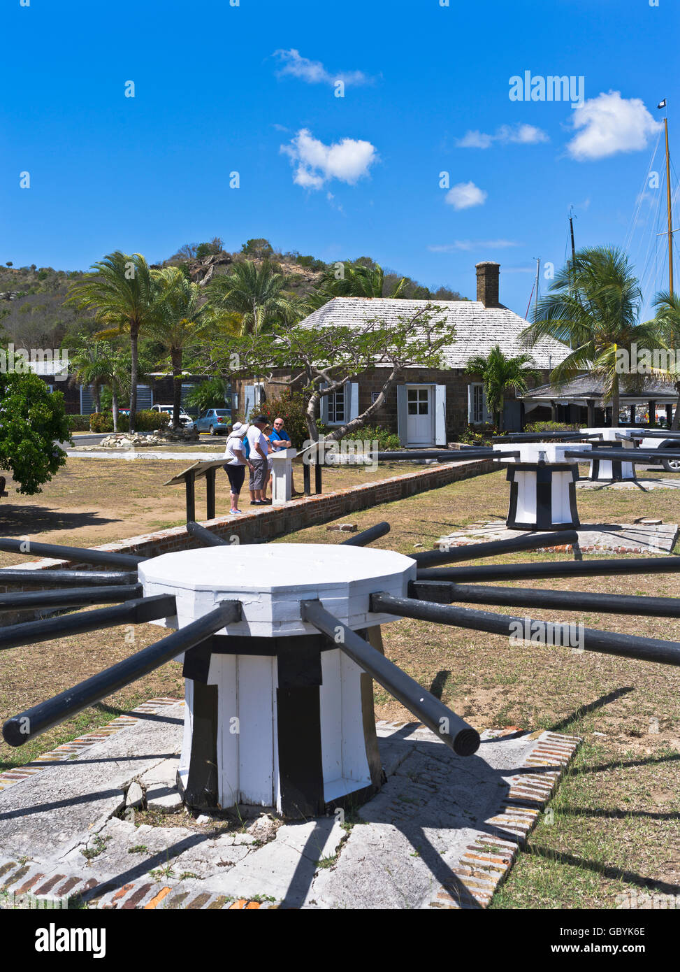 dh Nelsons Dockyard ANTIGUA Karibik Touristen Capstan English Harbour historischer Westindischen Marinedocks Stockfoto