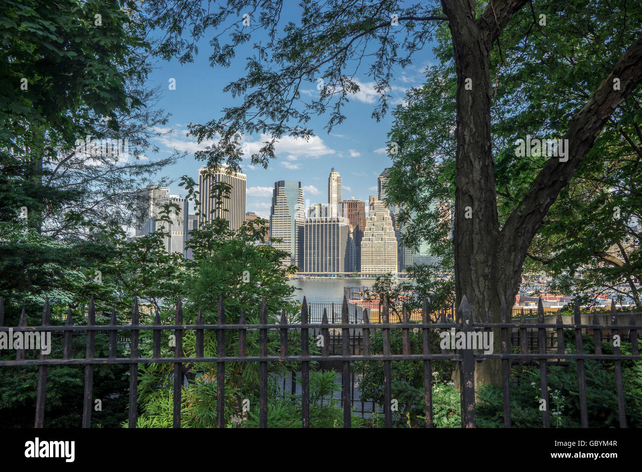 Blick auf lower Manhattan durch die Bäume des Parks entlang der Brooklyn Heights Promenade in New York Stockfoto
