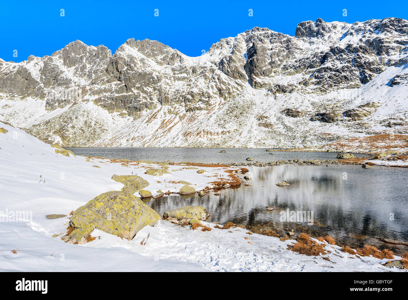 Blick auf See im Hincova Tal bedeckt mit Schnee, hohen Tatra, Slowakei Stockfoto