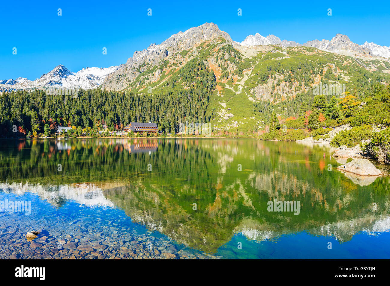 Reflexion der Berge Popradske See in herbstlichen Farben der hohen Tatra, Slowakei Stockfoto