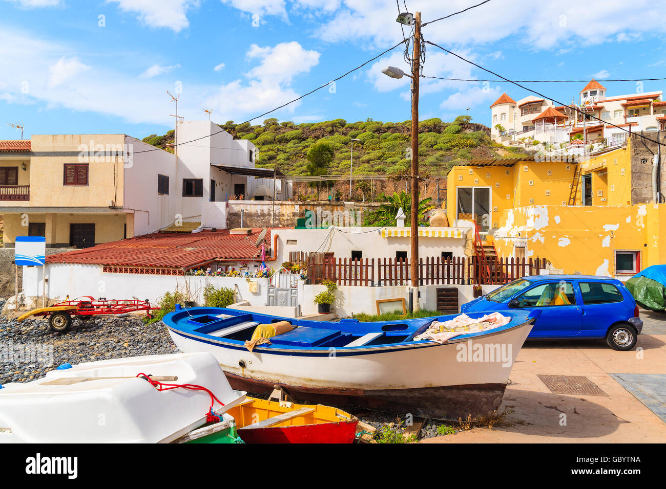 Angelboote/Fischerboote im Dorf La Caleta, Teneriffa, Kanarische Inseln, Spanien Stockfoto