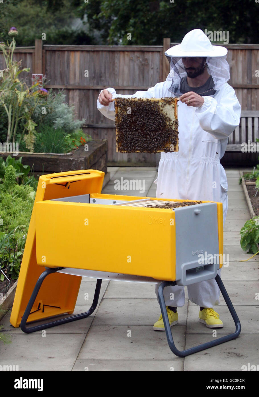 Johannas Paul, einer der Designer des neuen Beehauses, mit dem modernen Bienenstock für den städtischen Imker, im St. James Park, London. Stockfoto