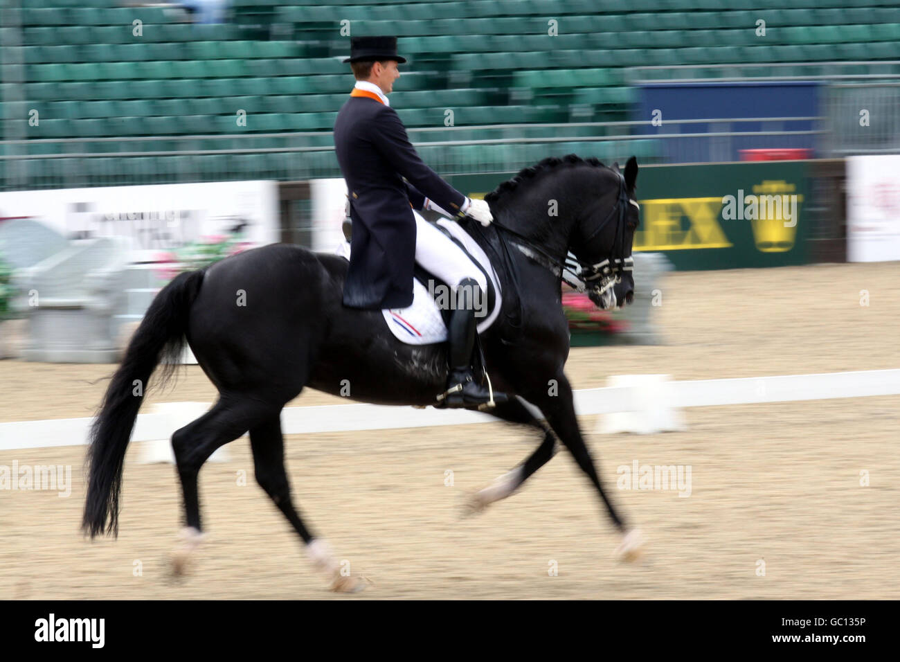 Edward Gal aus den Niederlanden, der mit Moorlands Totilas unterwegs ist, hilft dem Team, sich am zweiten Tag der Europameisterschaft im Springreiten und Dressurreiten in Windsor eine Goldmedaille mit einer Bestnote in der FEI-Dressureuropameisterschaft, im Team und im Einzelwettbewerb zu sichern. Stockfoto