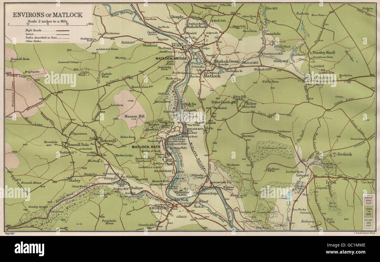 MATLOCK UMGEBUNG. Cromford Matlock Bath Starkholmes. Peak District, 1903 Karte Stockfoto