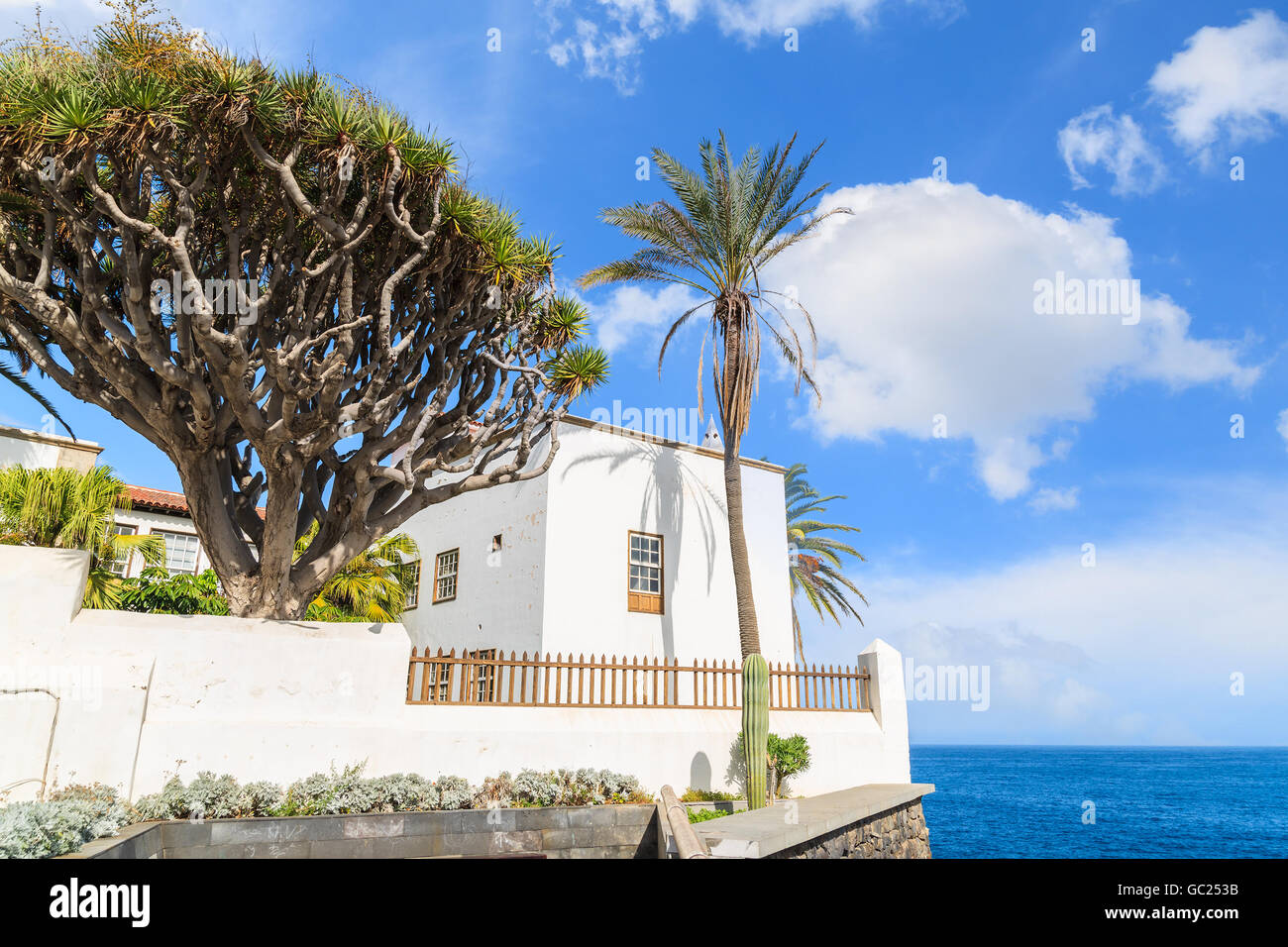 Typische kanarische weißen Haus auf der Klippe mit Meer im Hintergrund und schönen Himmel, Puerto De La Cruz, Teneriffa, Kanarische Islan Stockfoto