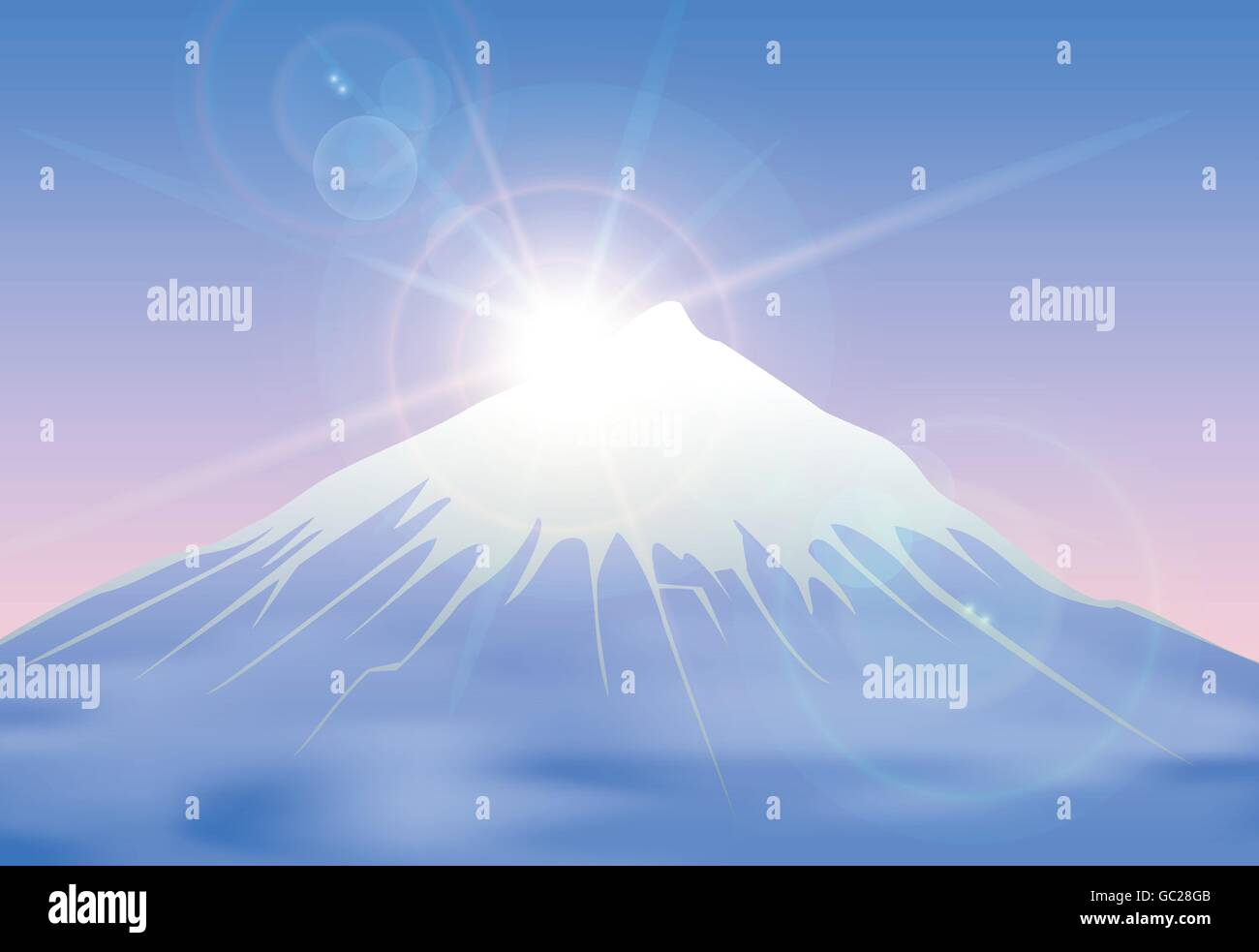 Hintergrund mit Sonnenaufgang Berge im Nebel. Stock Vektor