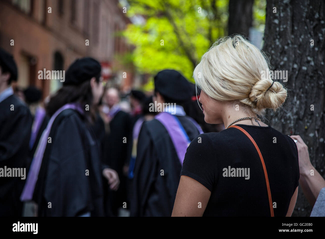 Schüler sammeln für ihre Abschlussfeiern, Boston. Stockfoto