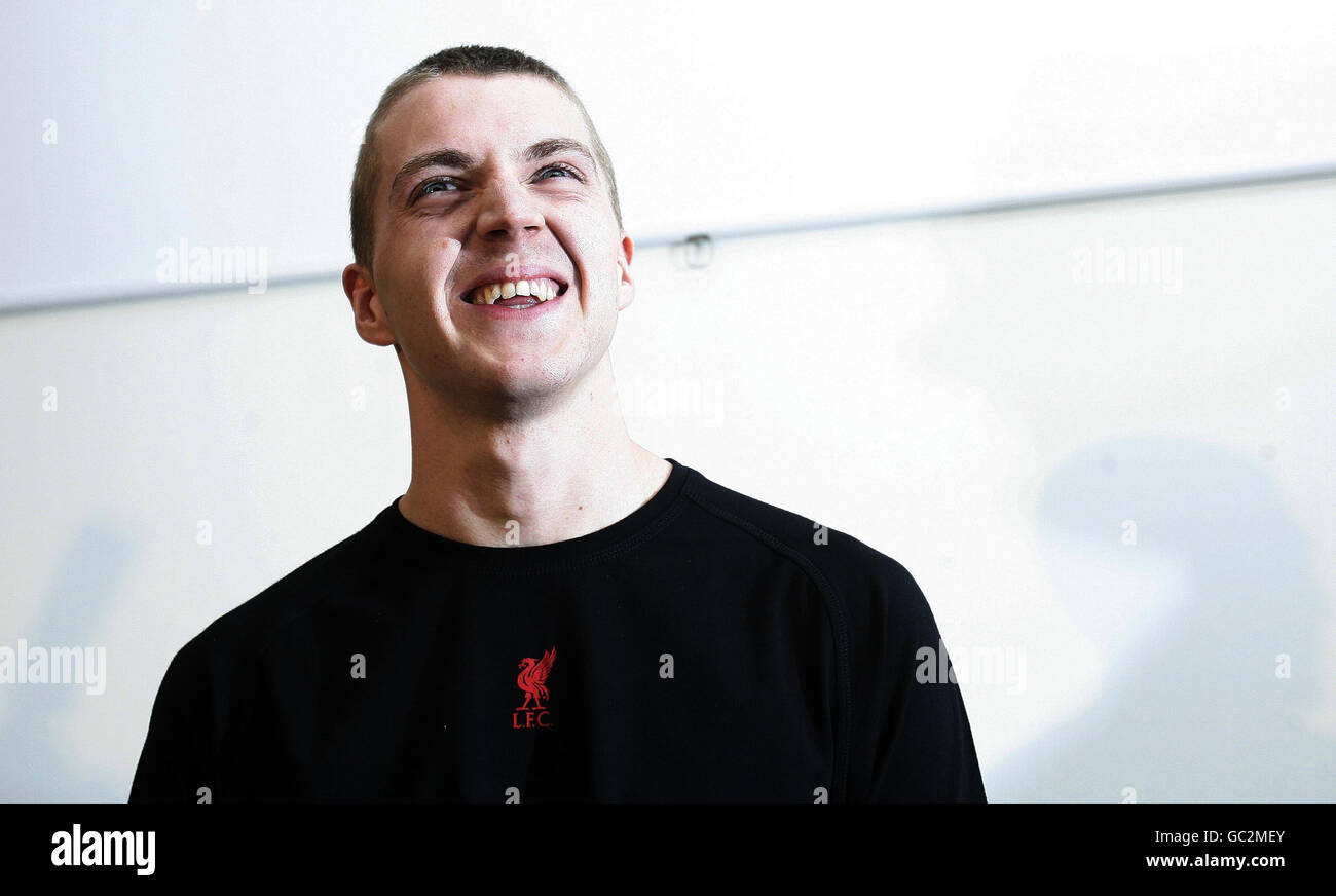 Michael Shields während einer Pressekonferenz, die in den Büros von Liverpool Echo und Daily Post abgehalten wurde, nachdem der Liverpool-Fan auf königliche Begnadigung aus dem Gefängnis entlassen wurde. Stockfoto