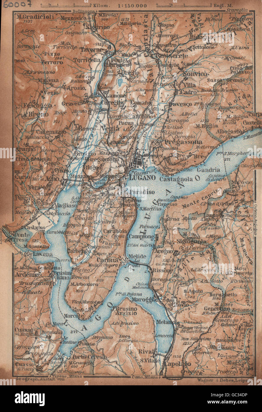 LUGANO-UMGEBUNG. See Lago di. Topo-Karte. Schweiz-Suisse-Schweiz, 1938 Stockfoto