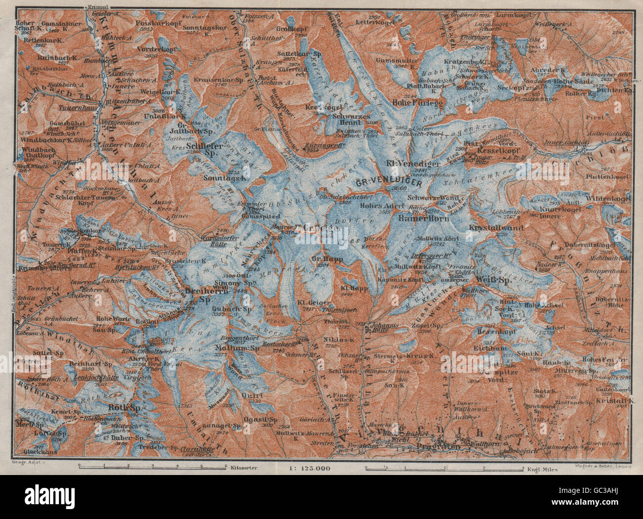 Grobe VENEDIGERGRUPPE Gruppe Topo-Karte. Prägraten. Österreich Österreich, 1923 Stockfoto