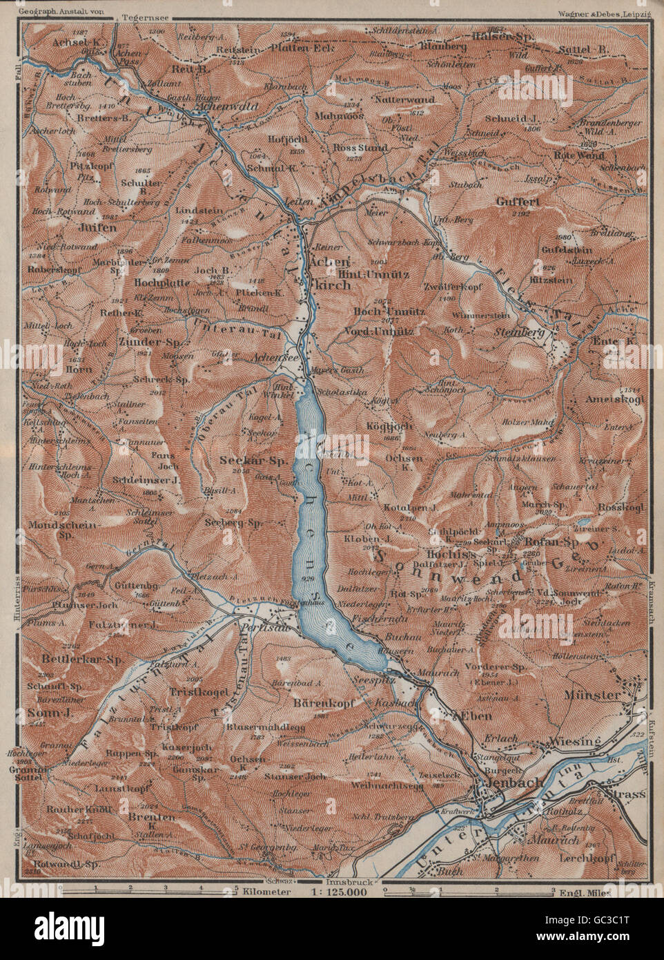ACHENSEE & Umgebung. Jenbach Achenkirch. Topo-Karte. Österreich Österreich, 1927 Stockfoto