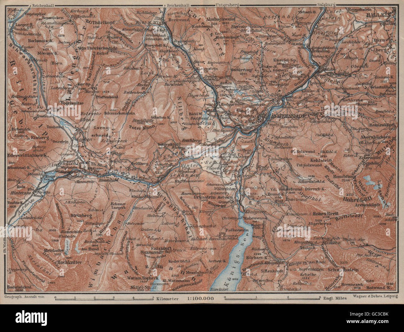 BERCHTESGADEN Umgebung Topo-Karte. Hallein Bayern Berchtesgadener Land, 1927 Stockfoto