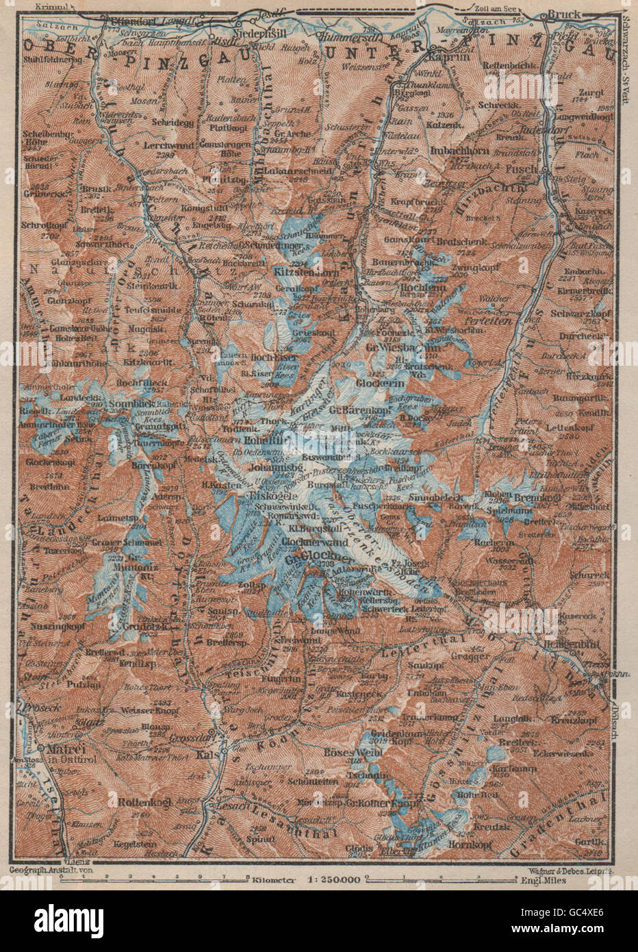 GLOCKNERGRUPPE. HOHE TAUERN. UNTERPINZGAU. Kaprun Matrei Grossdorf, 1927-Karte Stockfoto