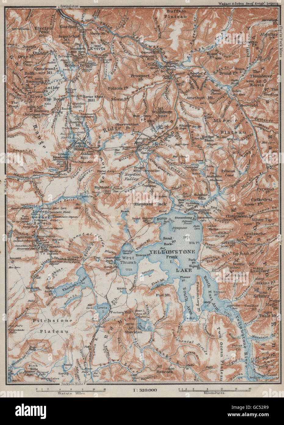YELLOWSTONE-NATIONALPARK. Topo-Karte. Wyoming. BAEDEKER, 1909 Stockfoto