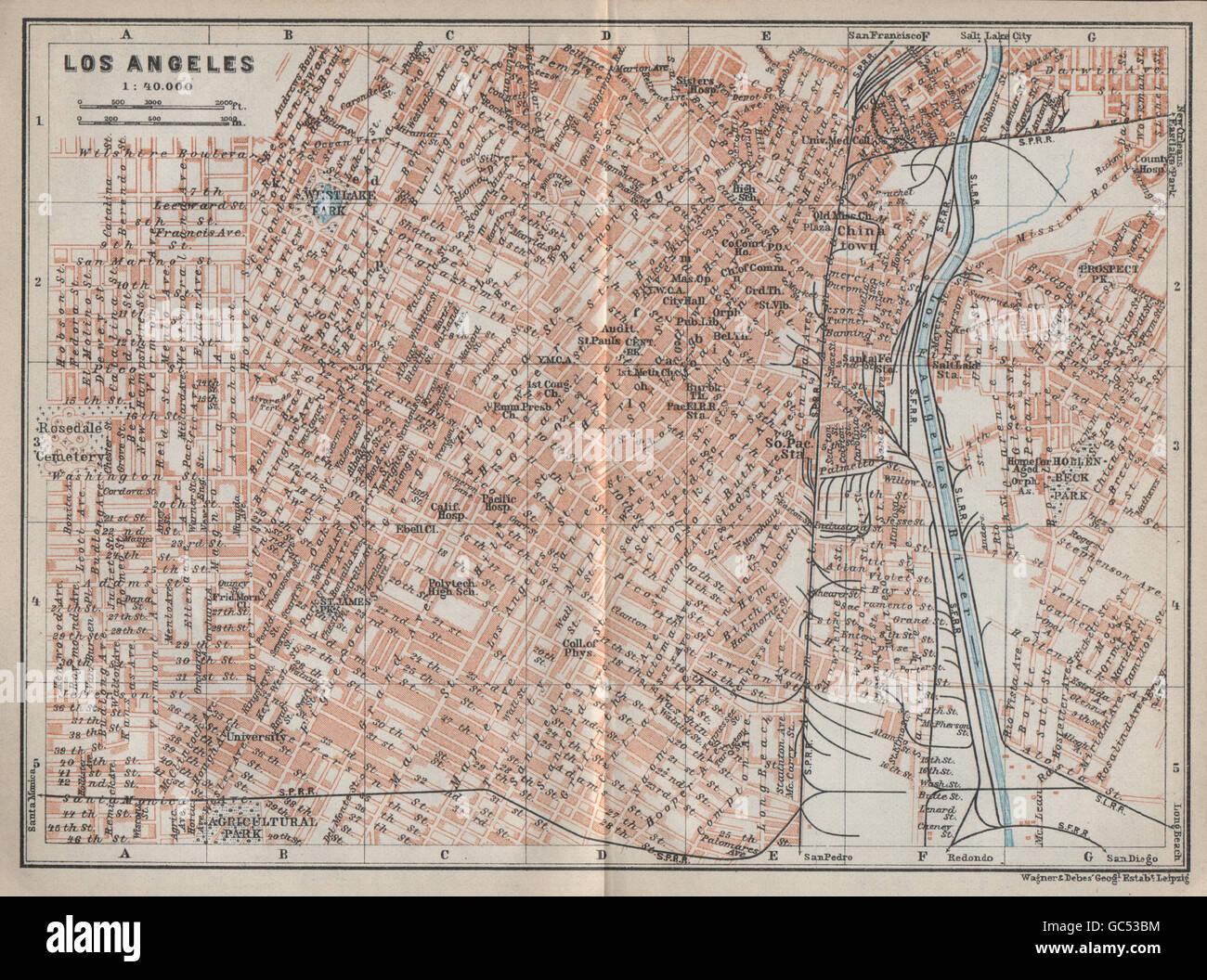Stadtplan von LOS ANGELES. Die Innenstadt von Westlake Chinatown Financial District, 1909-Karte Stockfoto