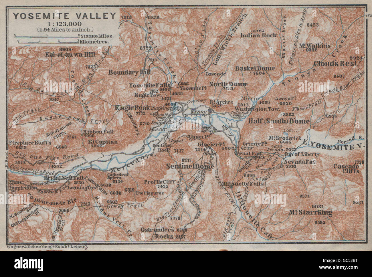 YOSEMITE VALLEY, Kalifornien. Topo-Karte. BAEDEKER, 1909 Stockfoto