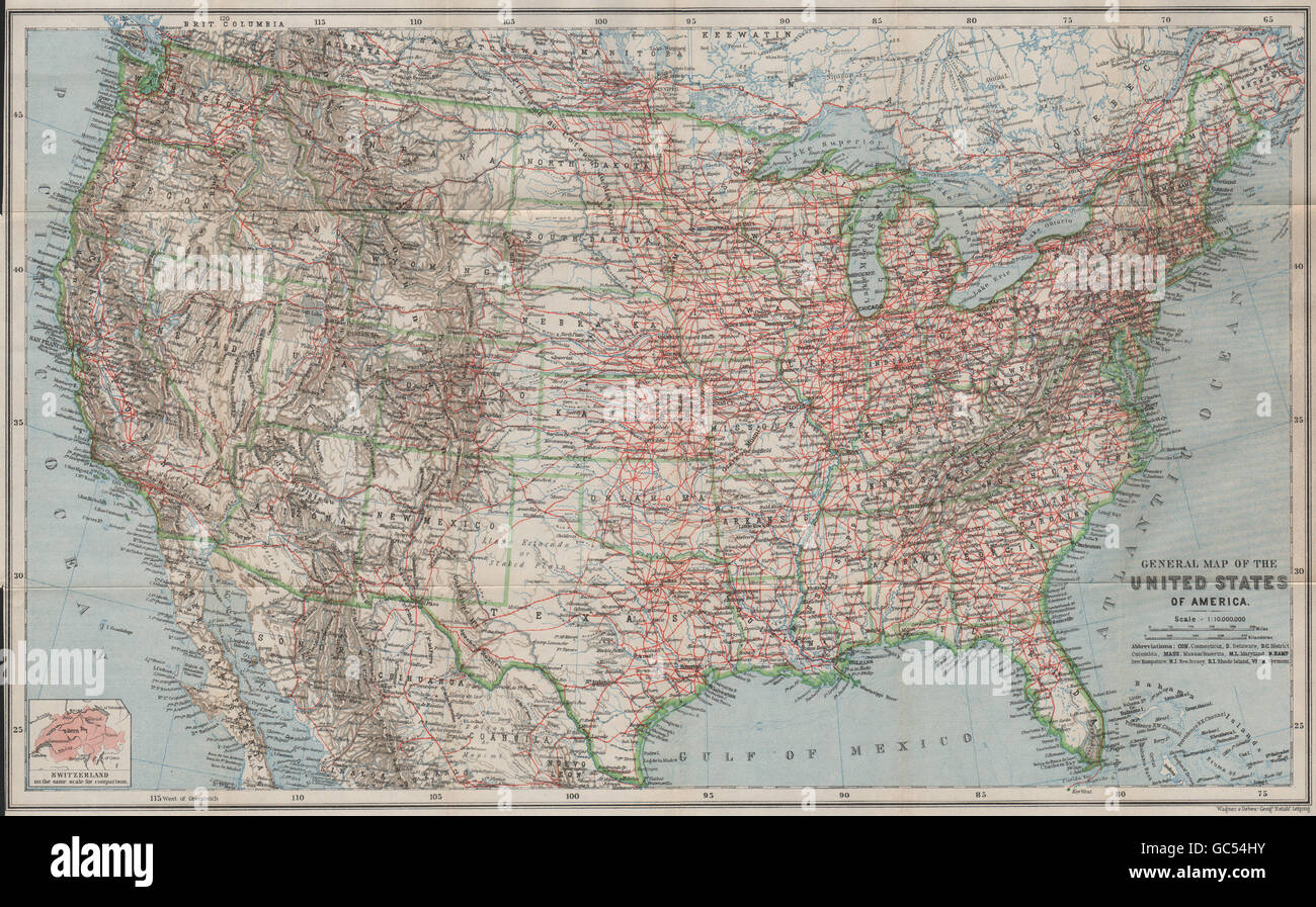 Vereinigte Staaten von Amerika Übersichtskarte. Eisenbahnen. USA. BAEDEKER, 1909 Stockfoto