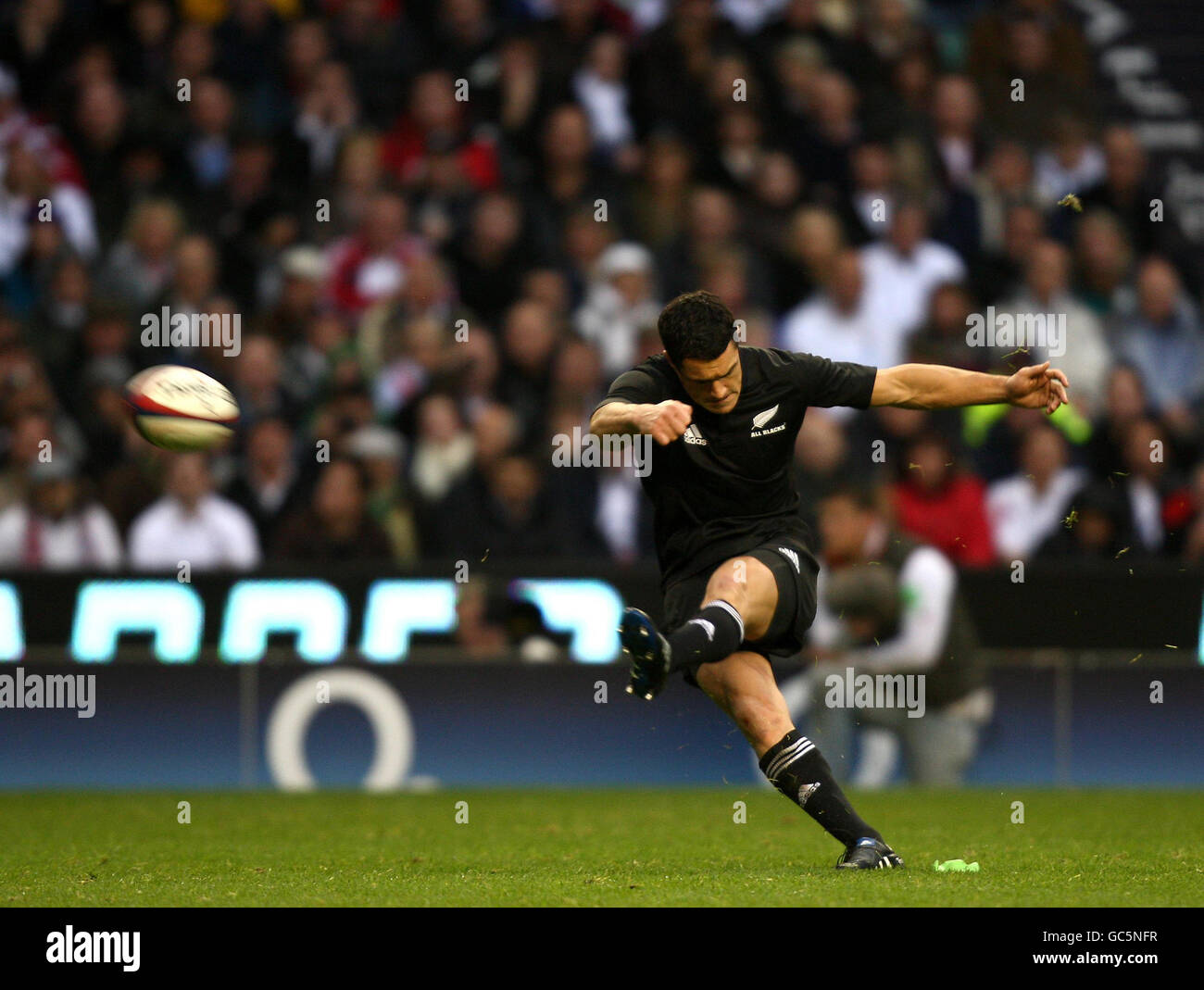 Rugby Union - Investec Challenge Series 2009 - England / Neuseeland - Twickenham. Der Neuseeländer Dan Carter schießt beim Spiel der Investec Challenge Series 2009 in Twickenham, London, eine Strafe ab. Stockfoto