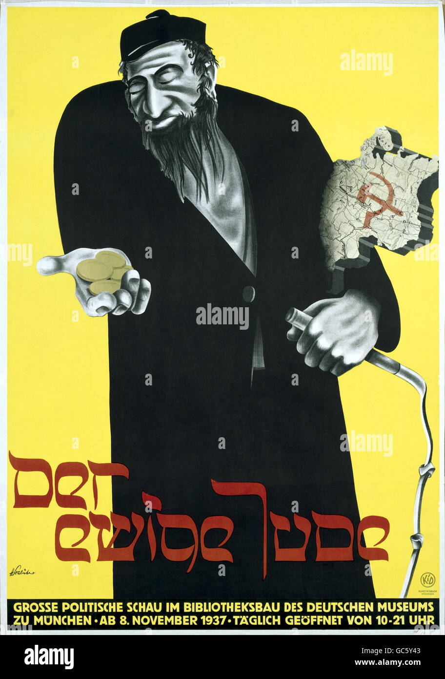 Nationalsozialismus, Verbrechen, Judenverfolgung, antisemitische Propaganda, 'der ewige Jude', Plakat der Ausstellung im Deutschen Museum, München, Deutschland, 8.11.1937, , Zusatzrechte-Clearences-nicht vorhanden Stockfoto