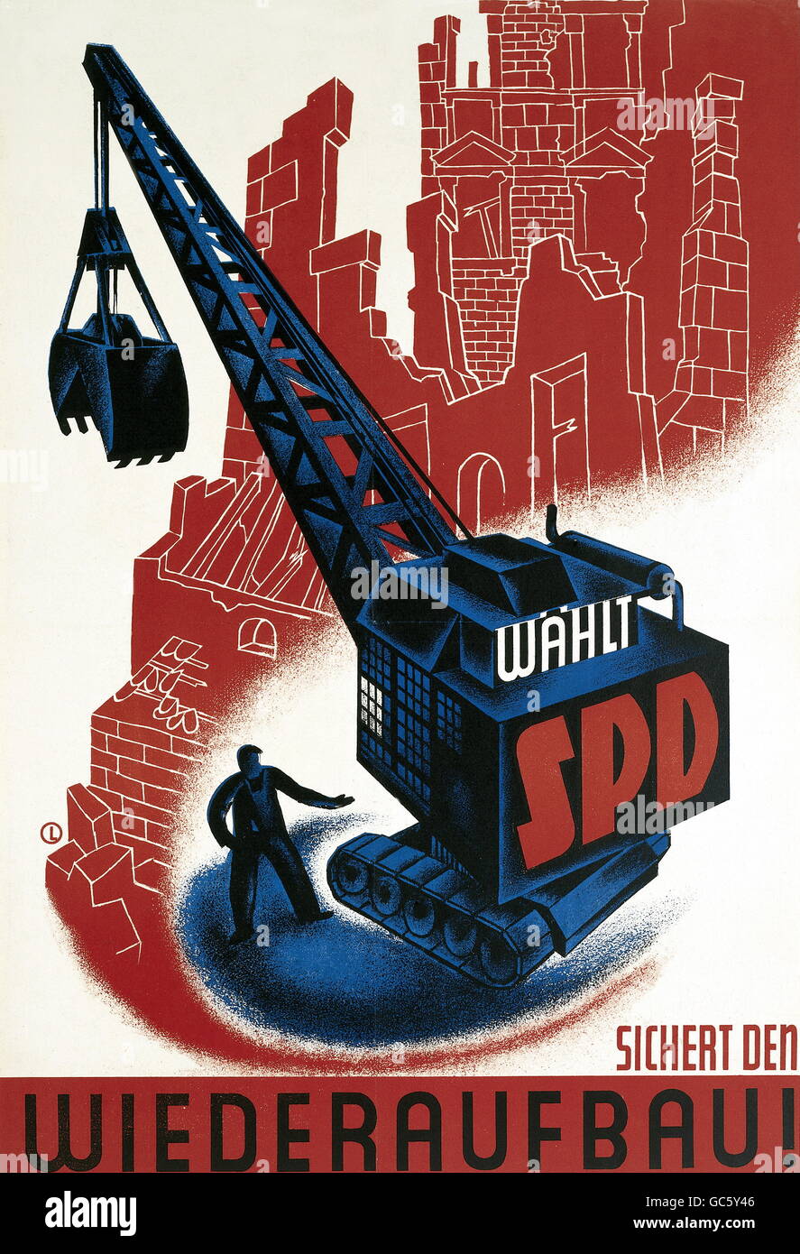 Nachkriegszeit, Deutschland, Politik, 'Secure the reconstruction - vote for the SPD', Wahlplakat, 1940er Jahre, Zusatzrechte-Clearences-nicht vorhanden Stockfoto