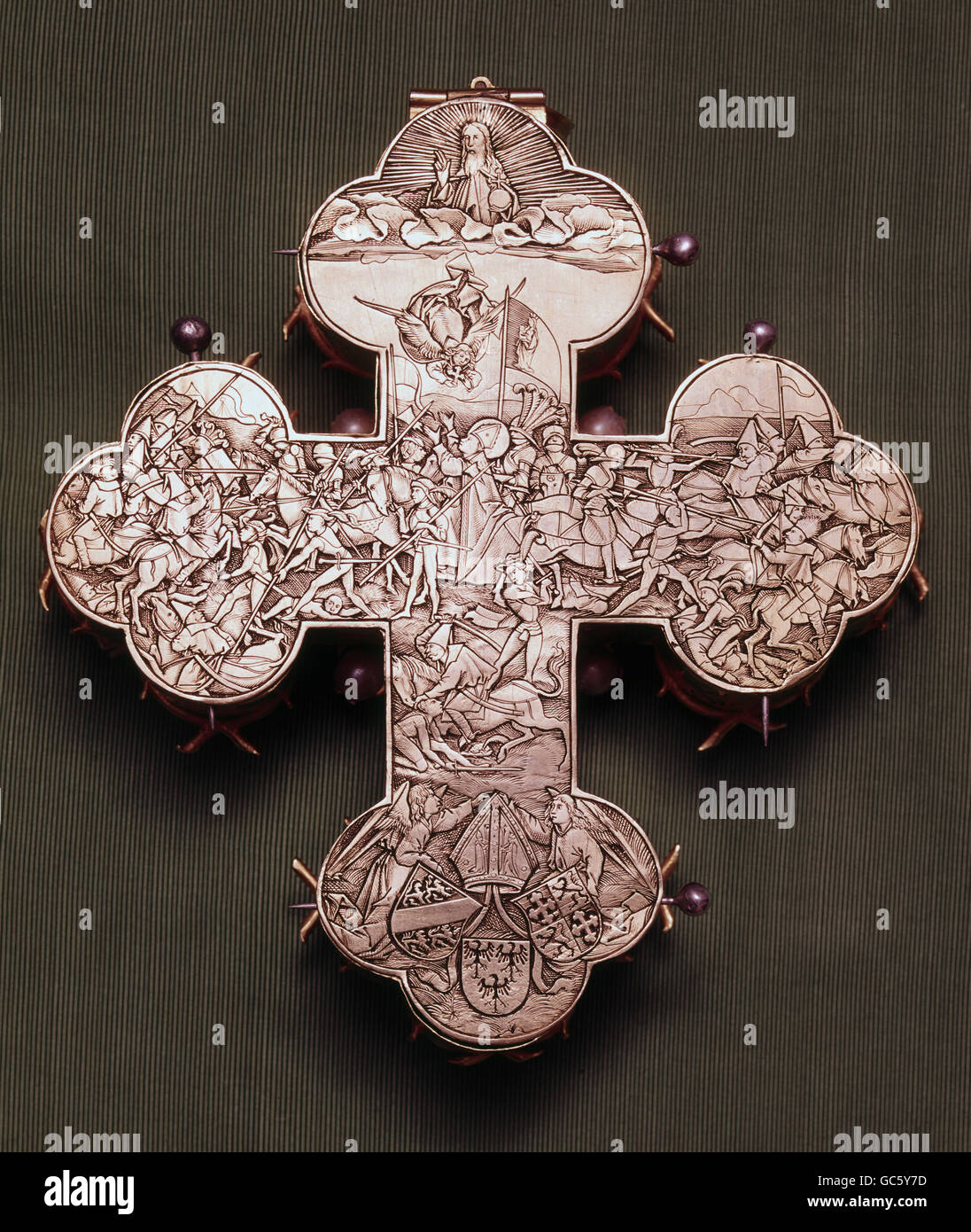 Bildende Kunst, Mittelalter, Gothic, Handwerk / Handwerk, Ulrichs Kreuz 1492, rückwärts mit der Schlacht Lechfeld 955 n. Chr., Augsburg, Stockfoto