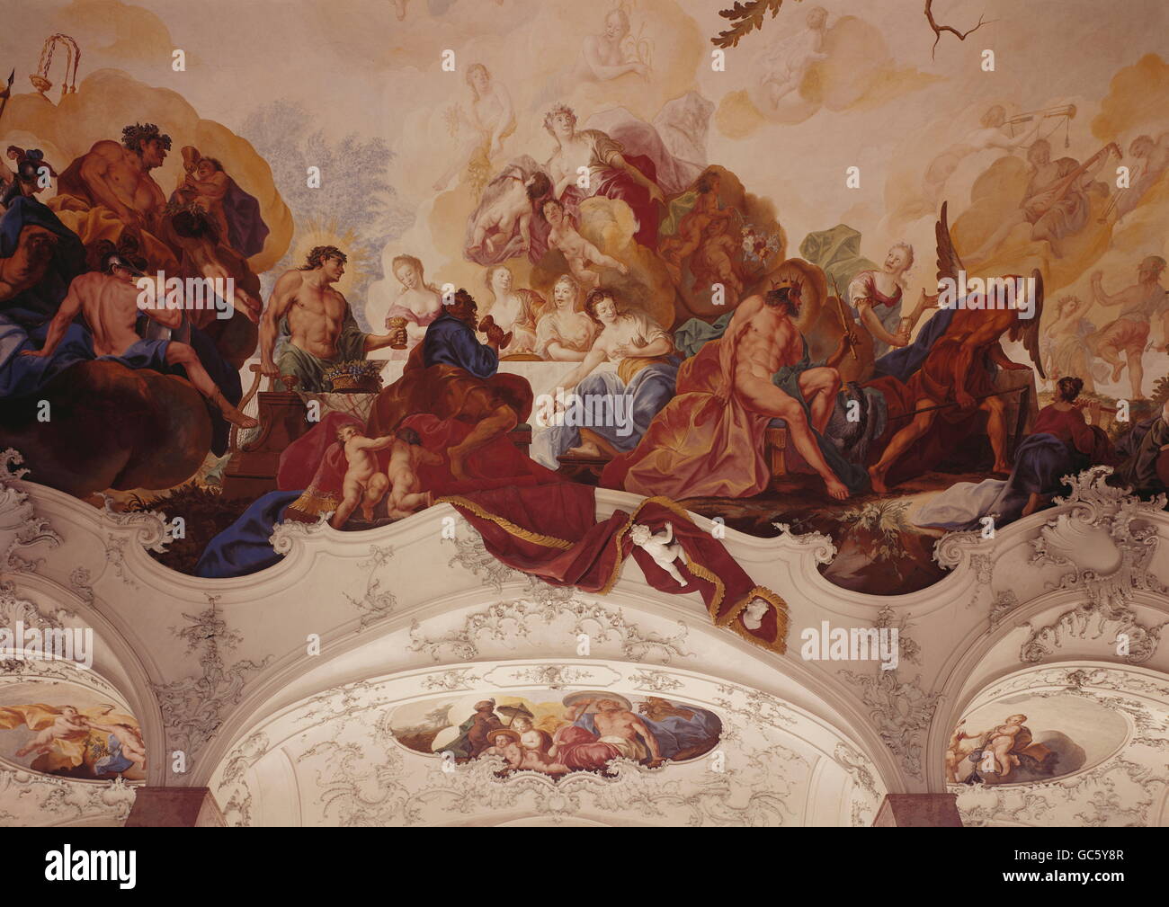 Bildende Kunst, Zick, Johann (1702-1762), fresco, "Das Goettermahl" (The Feast of the Gods), 1750, Decke, malen, Gartensaal, Residenz Würzburg, Bayern, Deutschland Stockfoto