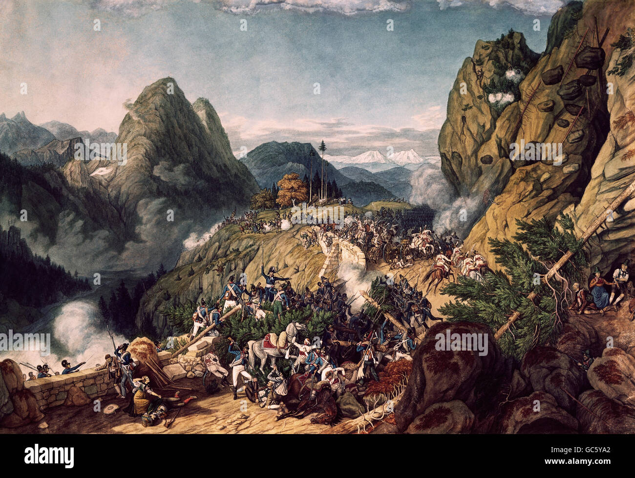 Ereignisse, Krieg der Dritten Koalition 1805, Bayerische Truppen stürmen den Bodenbühl bei Reichenhall, 1.11.1805, Gemälde von Gustav Kraus (1804 - 1852) nach Peter von Hess (1792 - 1871), Bayerisches Armeemuseum, Ingolstadt, Bayern, Soldaten, Infanterie, Kavallerie, Erzbistum Salzburg, Miliz, Alpe, Alpine Gap, Straße, Berge, abatis, Österreich, Napoleonische Kriege, Bildende Kunst, 19. Jahrhundert, historisch, historisch, Menschen, zusätzliche-Rechte-Clearences-nicht vorhanden Stockfoto
