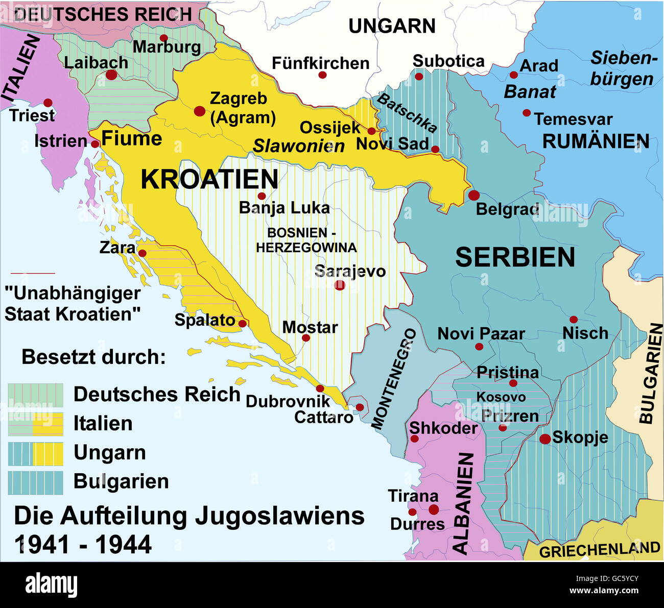 Kartographie, historische Karten, Neuzeit, Europa, Jugoslawien, Teilung, 1941 - 1944, Zusatzrechte-Clearences-not available Stockfoto