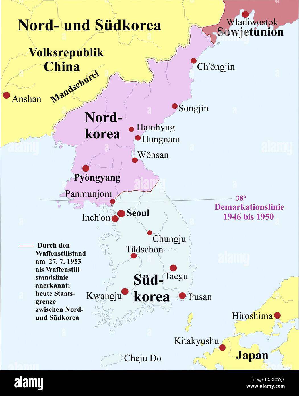 kartographie, historische Karten, Neuzeit, Korea, Teilung 1953, Nord, Süd, Demarkationslinie 1946 - 1950, 38. Breitengrad, Waffenstillstand, Waffenstillstand, Waffenruhe, Seoul, Pjöngjang, Panmunjom, Ostasien, Grenze, Karte, Kalter Krieg, historisch, 1950er, 20. Jahrhundert, Zusatzrechte-Clearences-nicht verfügbar Stockfoto