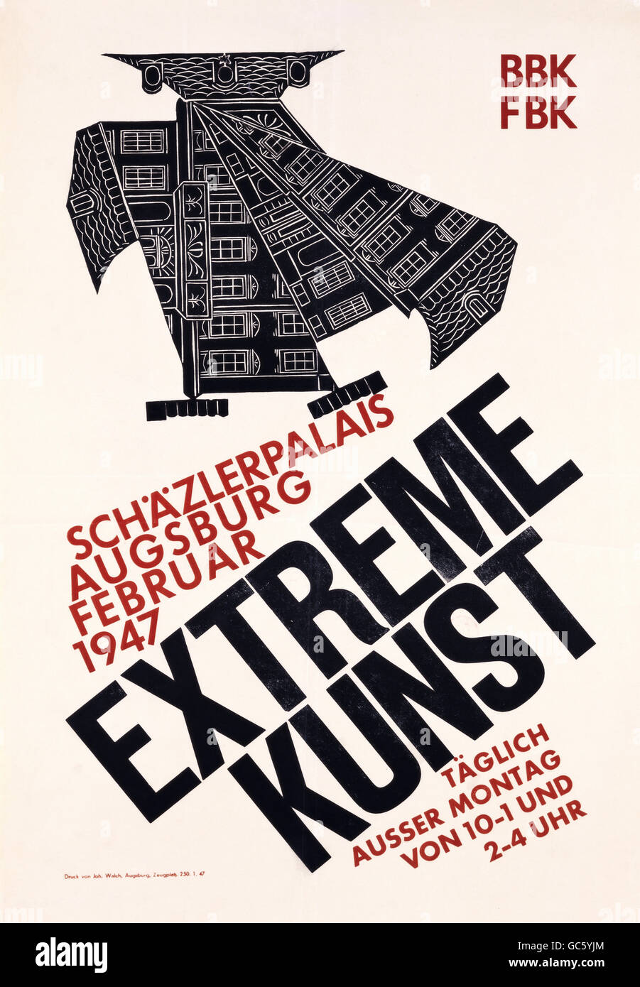 Ausstellungen, Bildende Kunst, Ausstellung 'Extreme Kunst', Augsburg, Februar 1947, Plakat, Zusatzrechte-Clearences-nicht vorhanden Stockfoto