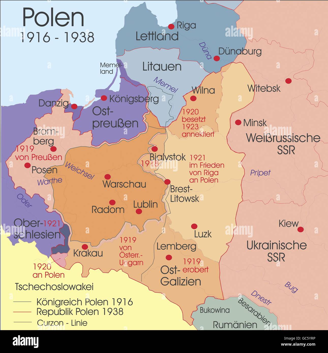 Kartographie, historische Landkarten, Neuzeit, Polen, 1916 - 1938, Zusatzrechte-Clearences-not available Stockfoto