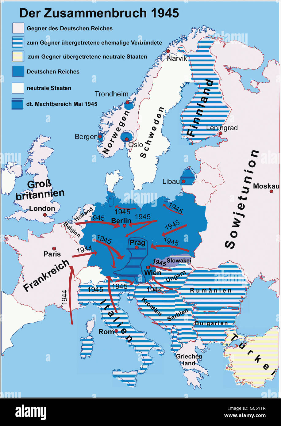 Kartographie, historische Karten, Neuzeit, zweiter Weltkrieg/2. Weltkrieg, Niederlage Deutschlands 1945, zusätzliche-Rights-Clearences-nicht vorhanden Stockfoto