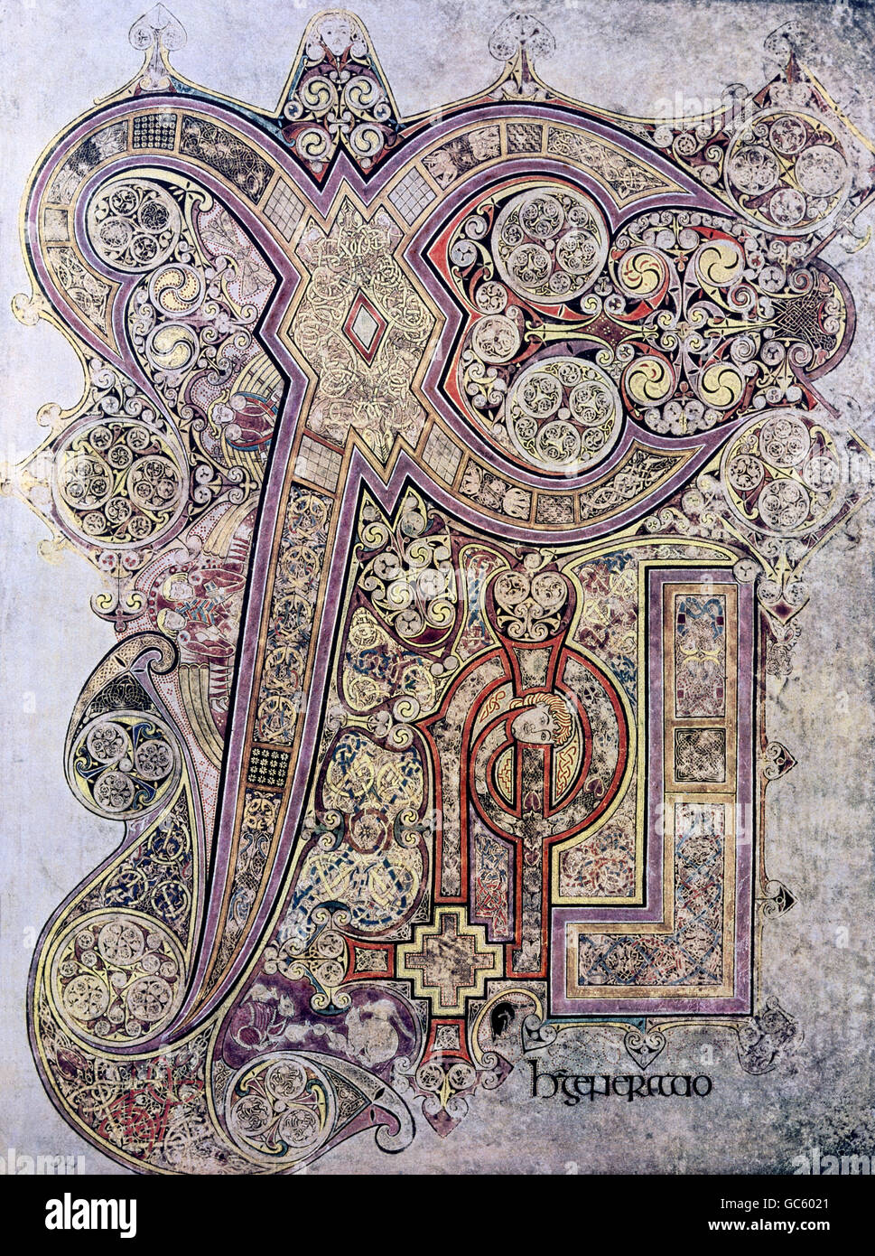 Literatur, Bücher, Book of Kells, Seite, Beleuchtung, Irland, ca. 800, Saint Trinity College, Dublin, Stockfoto