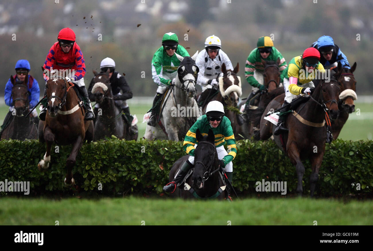 Kopf auf dem Boden von John McNamara (White Cap Center) geritten führt früh während der Glenfarcras Cross Country Kirchturm Chase auf Cheltenham Racecourse, Cheltenham. Stockfoto