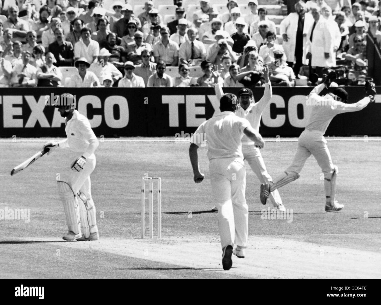 Australische Spieler feiern die Entlassung von Graeme Fowler, der von Wicketkeeper Wayne Phillips aus einer Lieferung von Craig McDermott zurückgeholt wurde Stockfoto