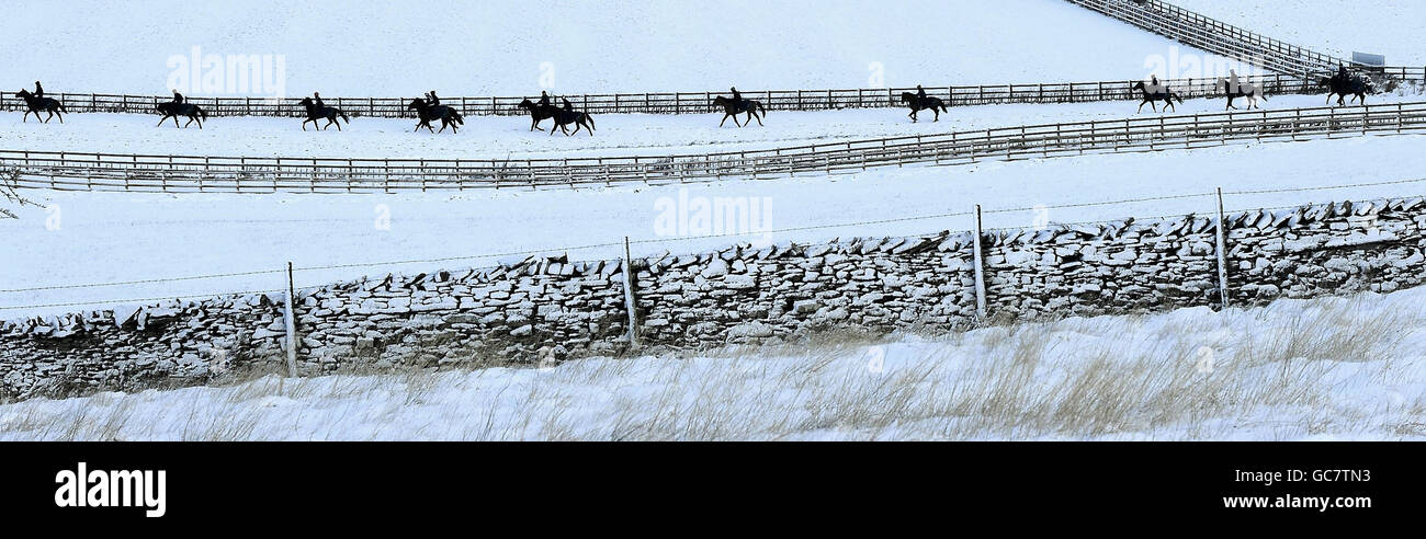 Mit Pferderennen in Großbritannien schwer von der Unwetter getroffen die Galopprennfahrer in Middleham nahm auf eine Weihnachtskarte Blick heute als die Pennines rund um die Galopprennbahn waren mit tiefem Schnee bedeckt. Stockfoto