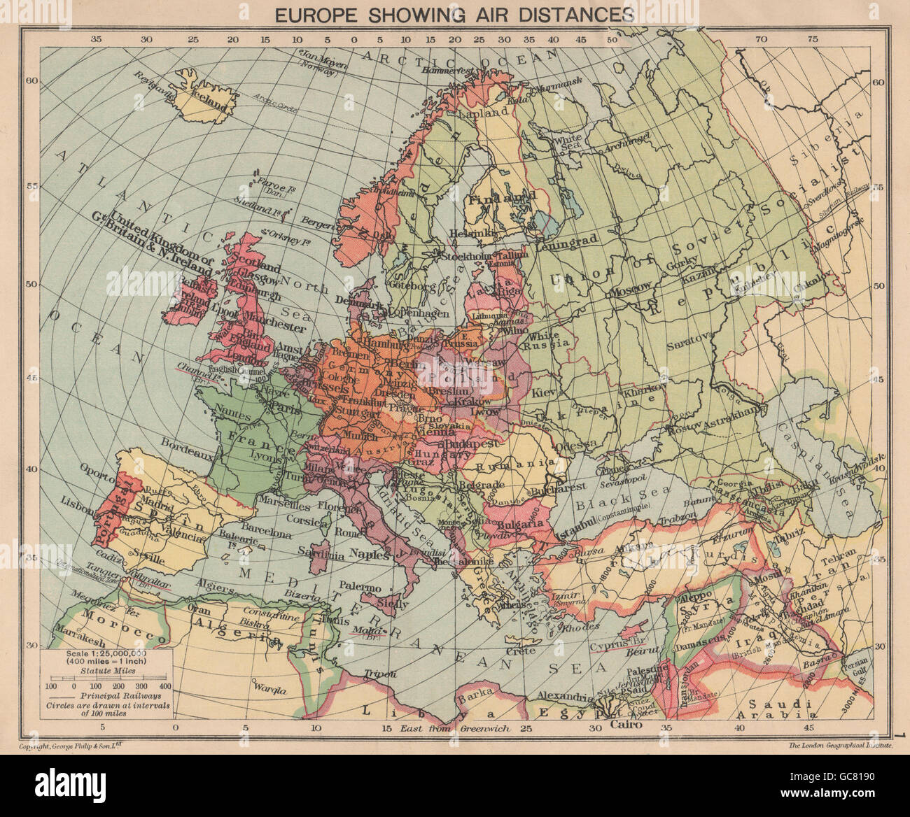 ZWEITEN WELTKRIEG. Europa zeigt Flugdistanzen. Besetzten Polen, 1940 alte Karte Stockfoto