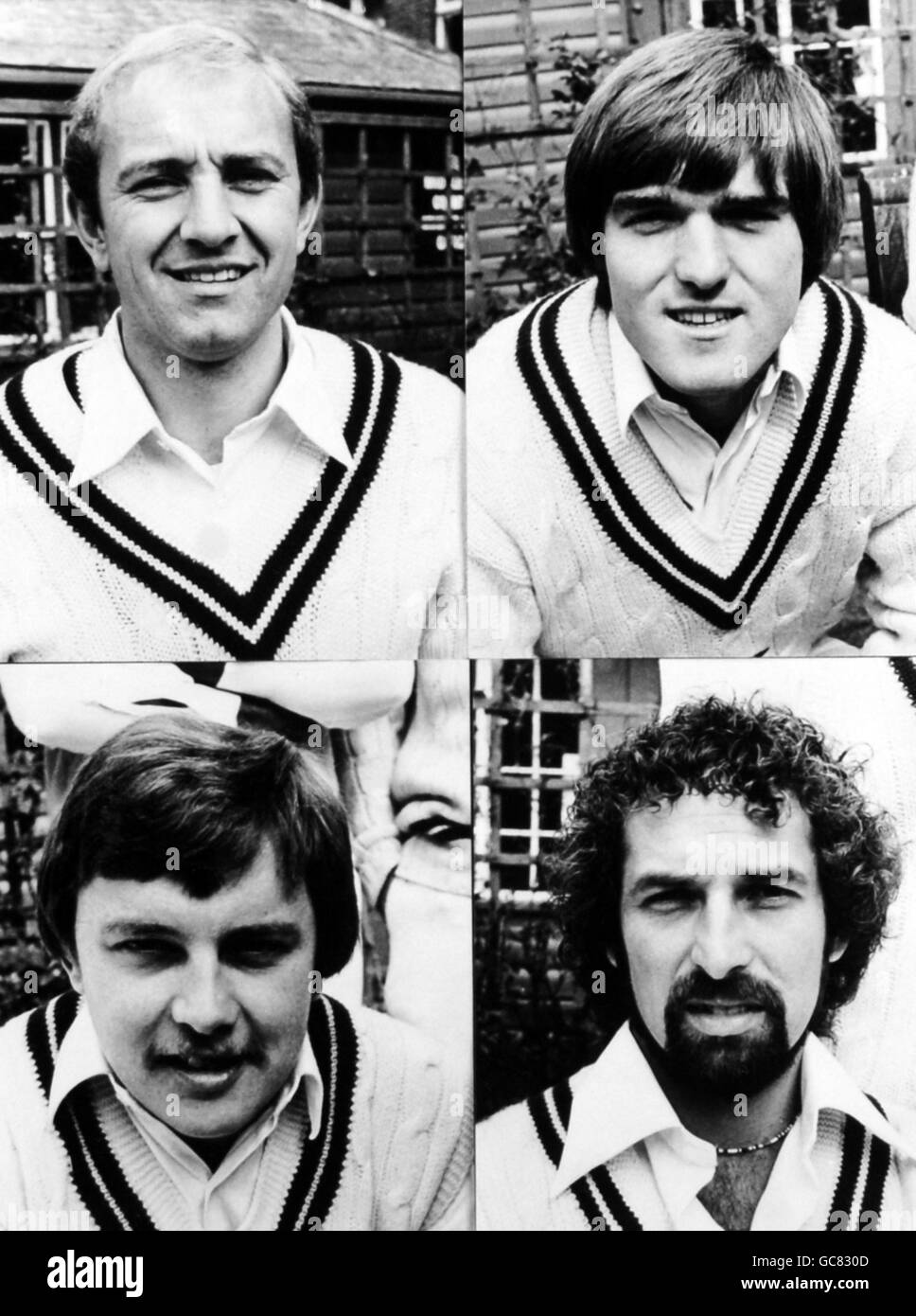 Vier Spieler mit Middlesex County Cricket Club für 1979. Es sind Graham Barlow (oben links), Mike Gatting (oben rechts), Ian Gould (unten links) und Mike Belvey. Stockfoto