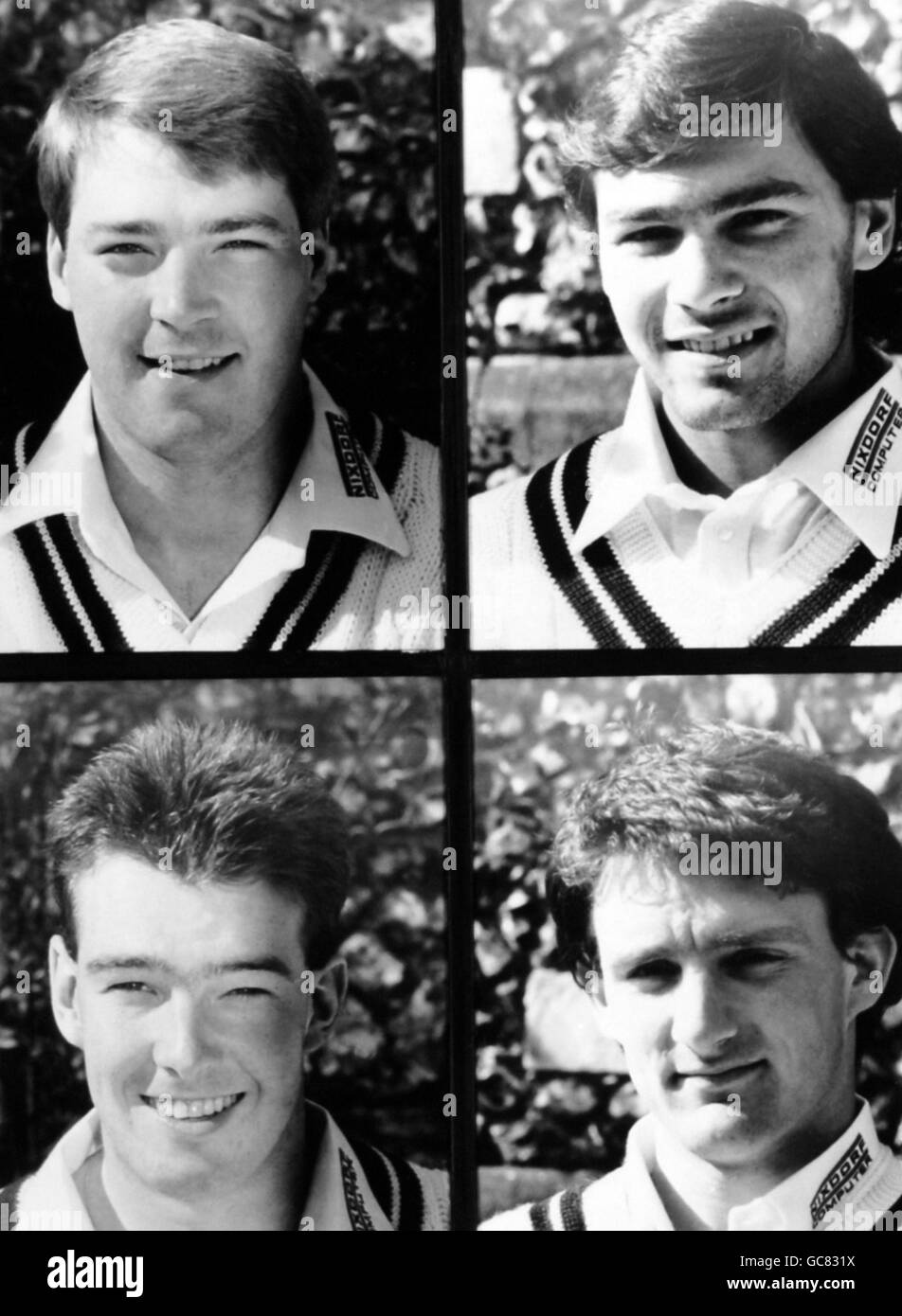 Mitglieder der Mannschaft des Middlesex County Cricket Club für die Cricket-Saison 1988. OBEN : LINKS : MIKE ROSEBERRY RECHTS : MARKIERUNG RAMPRAKASH UNTEN : LINKS : ALISTAIR FRASER RECHTS : IAN HUTCHINSON Stockfoto