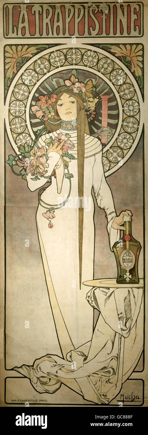 Bildende Kunst, Mucha, Alfons Maria (24.8.1860 - 14.7.1939), Plakat für Likör "La Trappistine", ca. 1895, Lithographie, 205 x 76 cm, Die Neue Sammlung München, Stockfoto