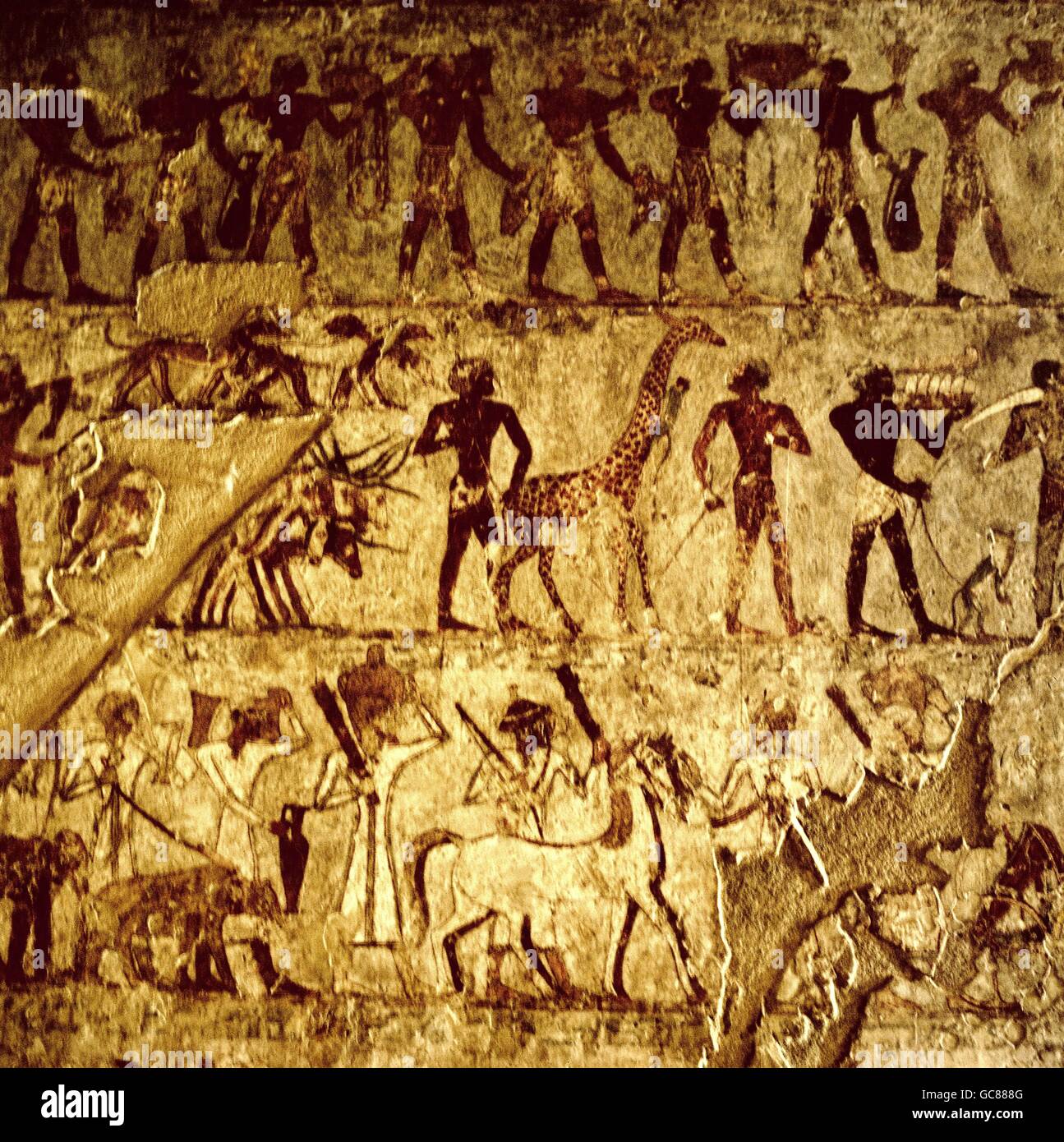 Reisen / Geographie, Ägypten, Theben, Tal der Adligen, Gebäude, Grab von Rekhmire, Innenansicht, Fresko Geschenke von ausländischen Menschen, um 1479 - 1400 v. Chr., historisch, historisch, Afrika, Architektur, alte Welt, Neues Königreich, 18. Dynastie, Wesir von pharao Thutmose III und Amenhotep II, 14. Jahrhundert v. Chr., Tribut, Giraffe, Pferd, UNESCO Weltkulturerbe, Antike Welt, Ornament, Ornamente, Ornamente, Verzierungen, Zusatzrechte-Clearences-nicht vorhanden Stockfoto